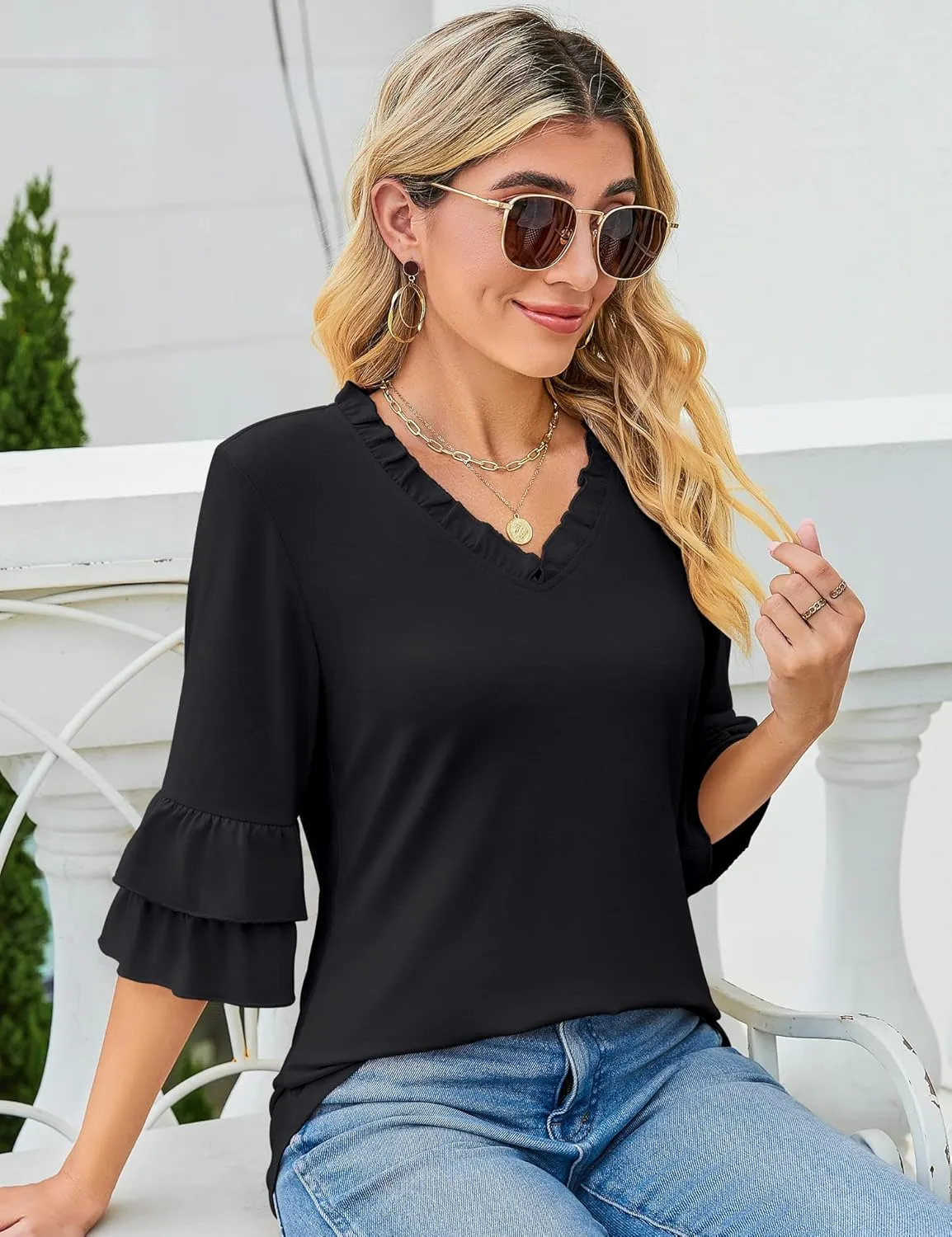 TFSDOD Womens V Neck 3/4 Bell Sleeve Tops Frill Neck Tiered Ruffle Sleeve Shirts Casual Spring Summer Loose Tunic Blouses