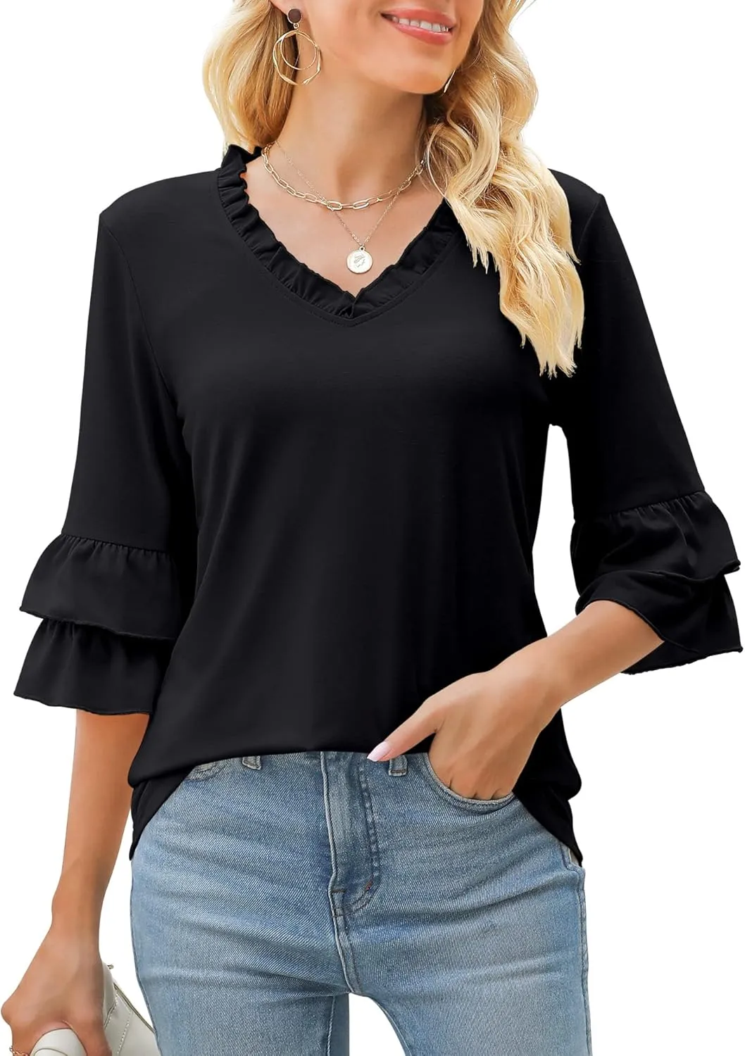 TFSDOD Womens V Neck 3/4 Bell Sleeve Tops Frill Neck Tiered Ruffle Sleeve Shirts Casual Spring Summer Loose Tunic Blouses