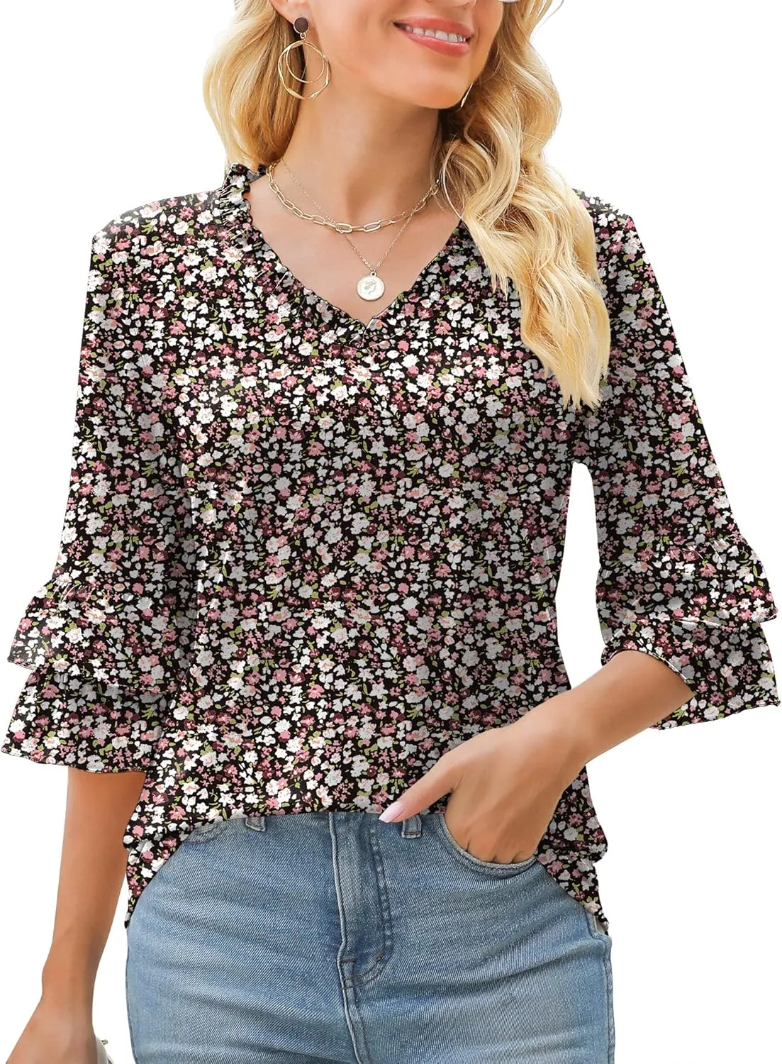 TFSDOD Womens V Neck 3/4 Bell Sleeve Tops Frill Neck Tiered Ruffle Sleeve Shirts Casual Spring Summer Loose Tunic Blouses