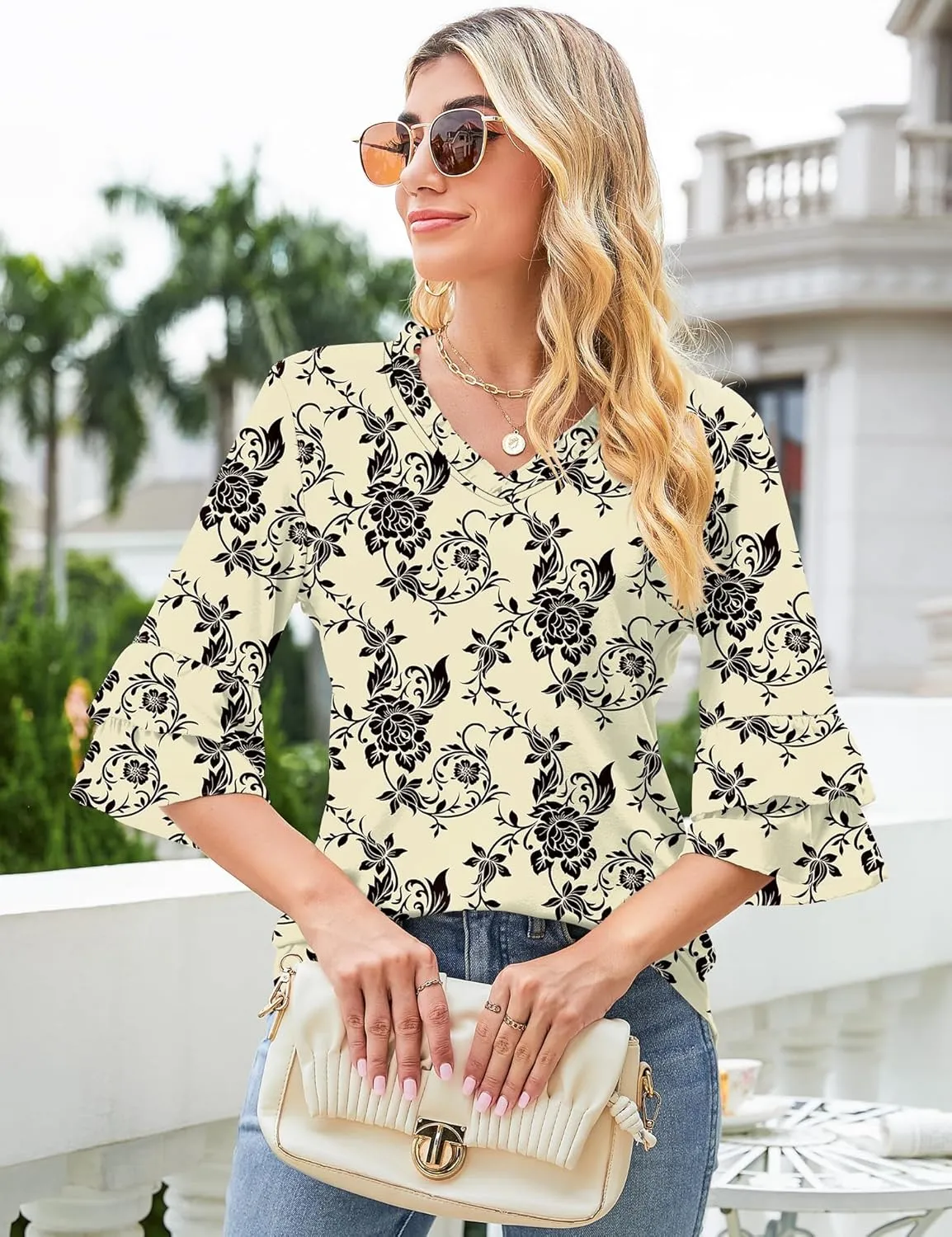 TFSDOD Womens V Neck 3/4 Bell Sleeve Tops Frill Neck Tiered Ruffle Sleeve Shirts Casual Spring Summer Loose Tunic Blouses
