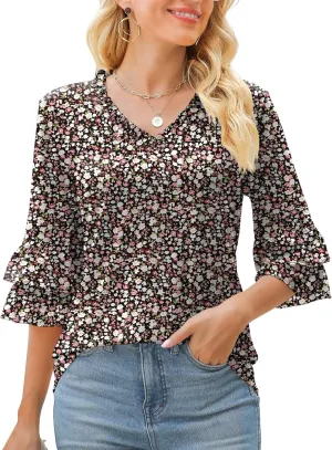 TFSDOD Womens V Neck 3/4 Bell Sleeve Tops Frill Neck Tiered Ruffle Sleeve Shirts Casual Spring Summer Loose Tunic Blouses
