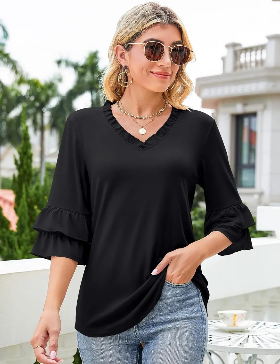 TFSDOD Womens V Neck 3/4 Bell Sleeve Tops Frill Neck Tiered Ruffle Sleeve Shirts Casual Spring Summer Loose Tunic Blouses