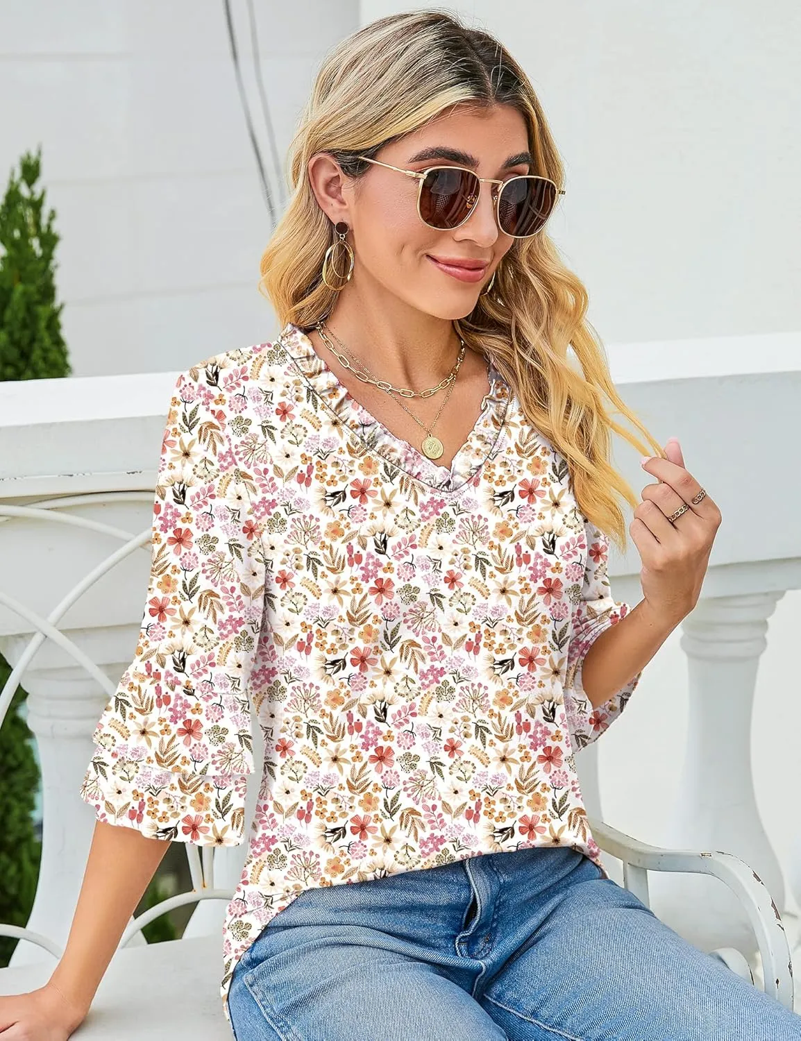 TFSDOD Womens V Neck 3/4 Bell Sleeve Tops Frill Neck Tiered Ruffle Sleeve Shirts Casual Spring Summer Loose Tunic Blouses
