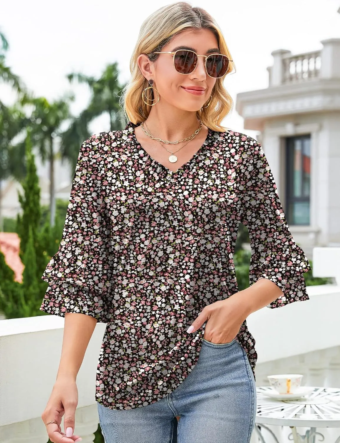 TFSDOD Womens V Neck 3/4 Bell Sleeve Tops Frill Neck Tiered Ruffle Sleeve Shirts Casual Spring Summer Loose Tunic Blouses