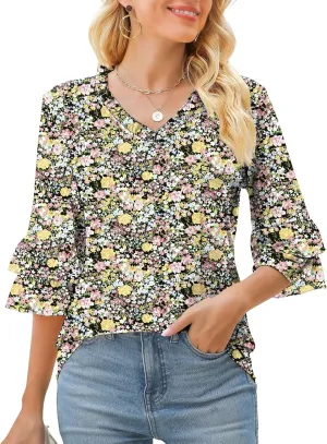 TFSDOD Womens V Neck 3/4 Bell Sleeve Tops Frill Neck Tiered Ruffle Sleeve Shirts Casual Spring Summer Loose Tunic Blouses