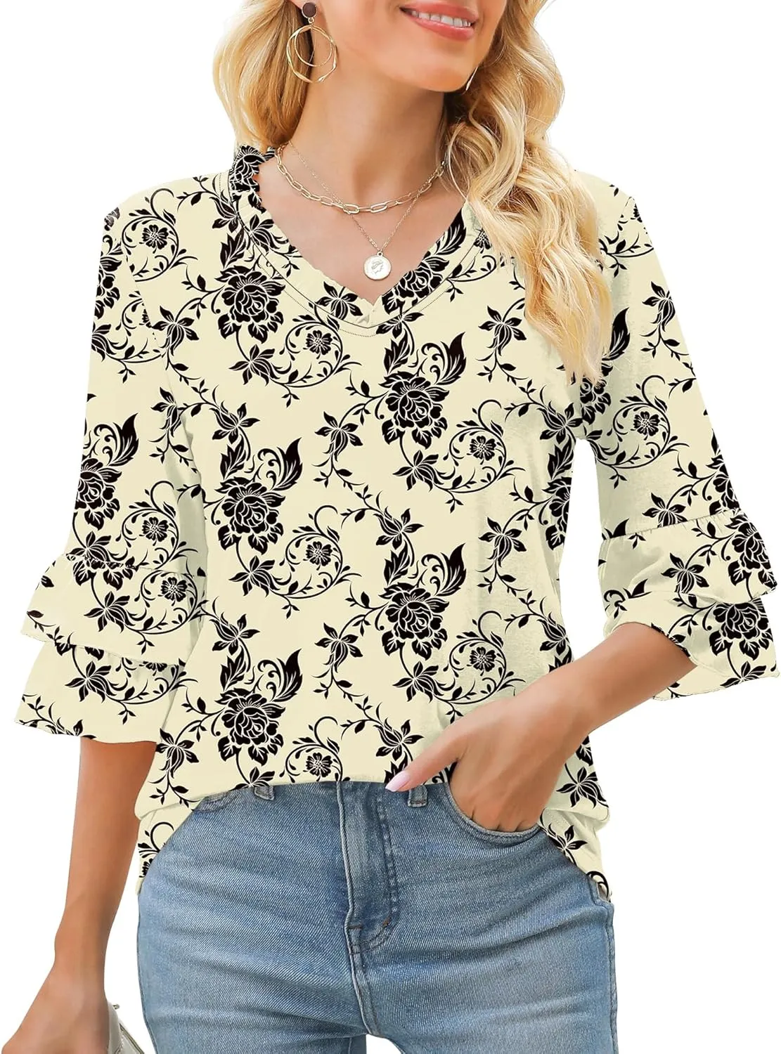 TFSDOD Womens V Neck 3/4 Bell Sleeve Tops Frill Neck Tiered Ruffle Sleeve Shirts Casual Spring Summer Loose Tunic Blouses