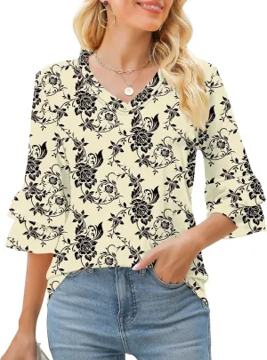 TFSDOD Womens V Neck 3/4 Bell Sleeve Tops Frill Neck Tiered Ruffle Sleeve Shirts Casual Spring Summer Loose Tunic Blouses