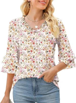 TFSDOD Womens V Neck 3/4 Bell Sleeve Tops Frill Neck Tiered Ruffle Sleeve Shirts Casual Spring Summer Loose Tunic Blouses