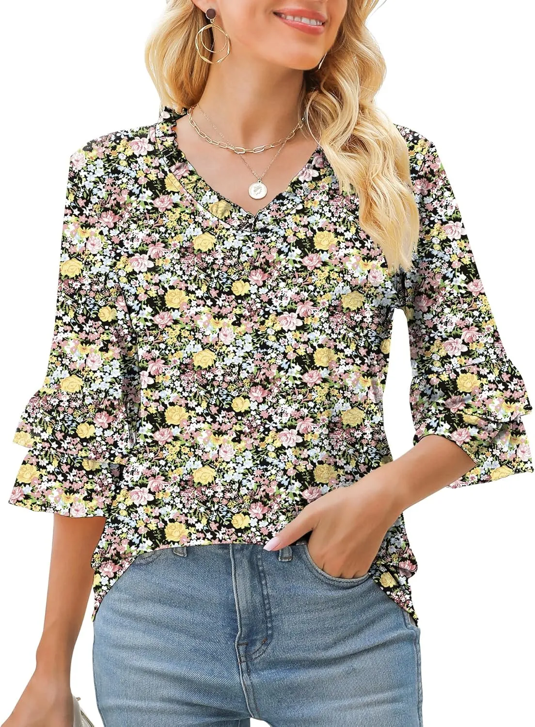 TFSDOD Womens V Neck 3/4 Bell Sleeve Tops Frill Neck Tiered Ruffle Sleeve Shirts Casual Spring Summer Loose Tunic Blouses