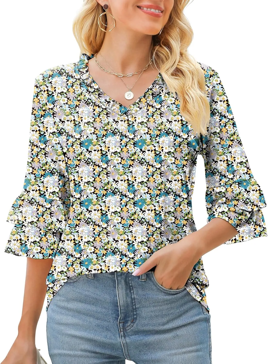 TFSDOD Womens V Neck 3/4 Bell Sleeve Tops Frill Neck Tiered Ruffle Sleeve Shirts Casual Spring Summer Loose Tunic Blouses