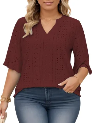VISLILY Plus-Size-Tops-for-Women Dressy V Neck 3/4 Length Ruffle Sleeve T Shirts Trendy Eyelet Blouses Casual Loose Fit Tunic