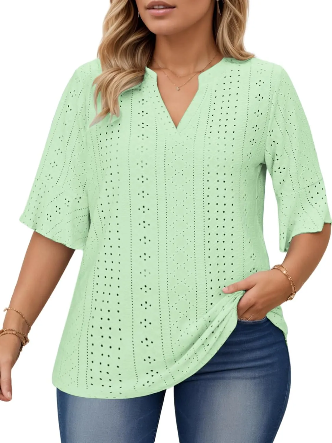VISLILY Plus-Size-Tops-for-Women Dressy V Neck 3/4 Length Ruffle Sleeve T Shirts Trendy Eyelet Blouses Casual Loose Fit Tunic