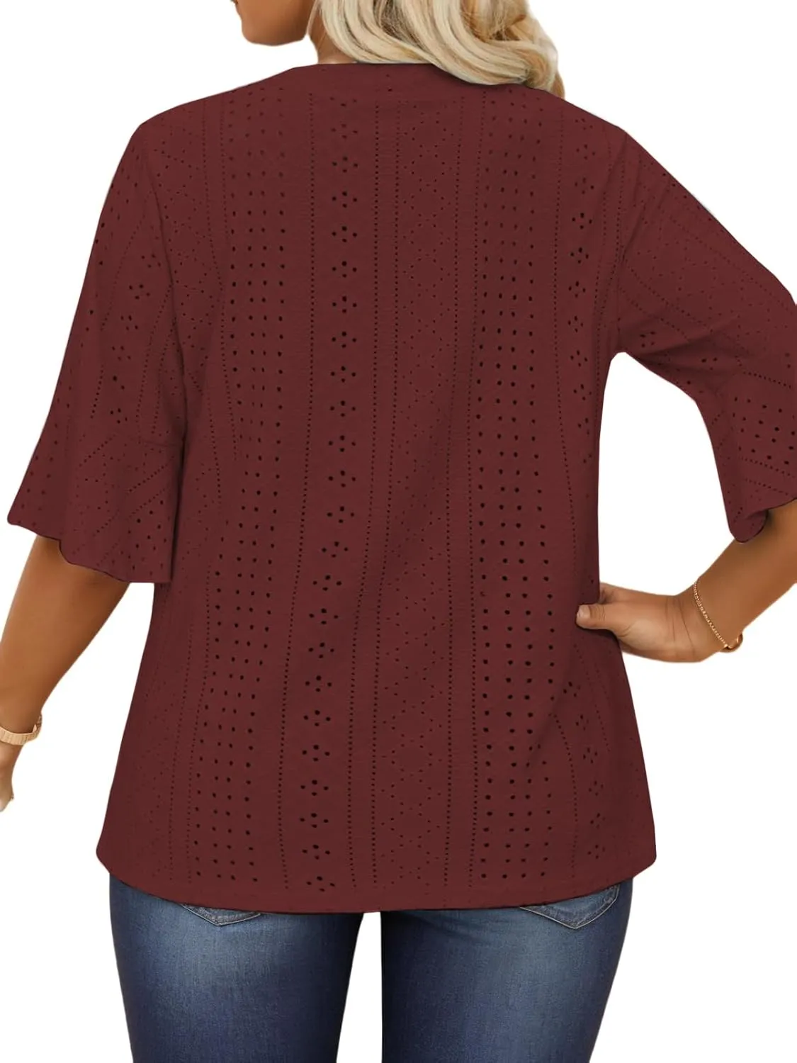 VISLILY Plus-Size-Tops-for-Women Dressy V Neck 3/4 Length Ruffle Sleeve T Shirts Trendy Eyelet Blouses Casual Loose Fit Tunic