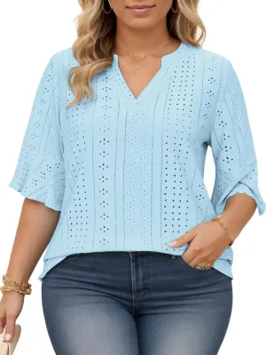 VISLILY Plus-Size-Tops-for-Women Dressy V Neck 3/4 Length Ruffle Sleeve T Shirts Trendy Eyelet Blouses Casual Loose Fit Tunic