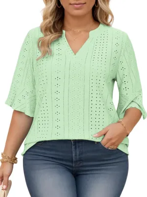 VISLILY Plus-Size-Tops-for-Women Dressy V Neck 3/4 Length Ruffle Sleeve T Shirts Trendy Eyelet Blouses Casual Loose Fit Tunic