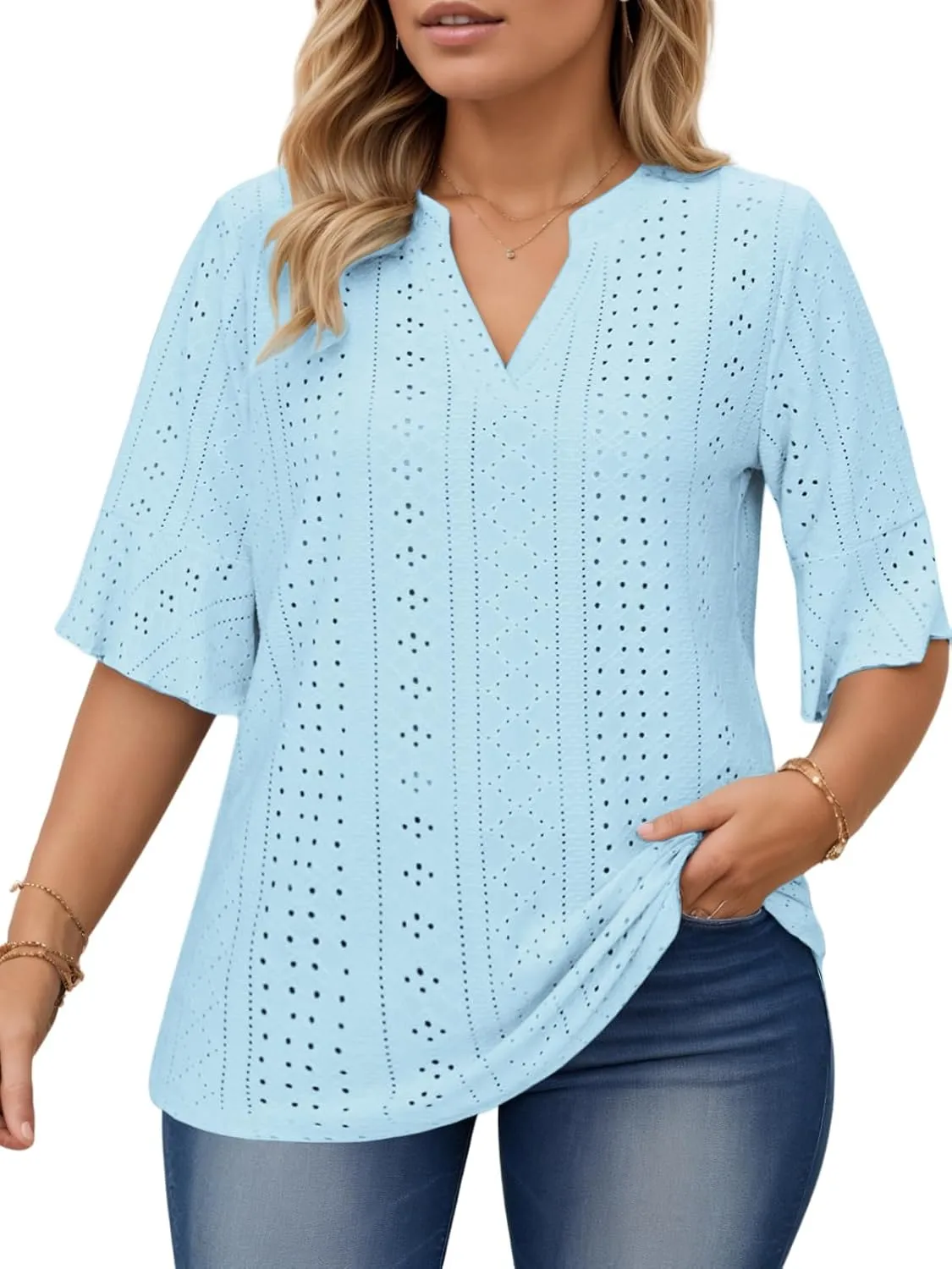 VISLILY Plus-Size-Tops-for-Women Dressy V Neck 3/4 Length Ruffle Sleeve T Shirts Trendy Eyelet Blouses Casual Loose Fit Tunic