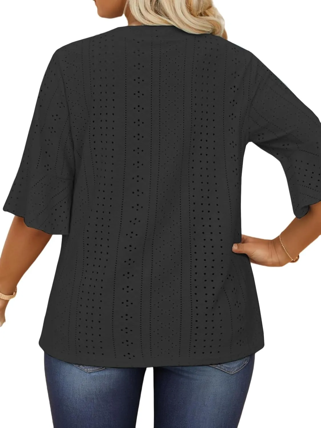 VISLILY Plus-Size-Tops-for-Women Dressy V Neck 3/4 Length Ruffle Sleeve T Shirts Trendy Eyelet Blouses Casual Loose Fit Tunic