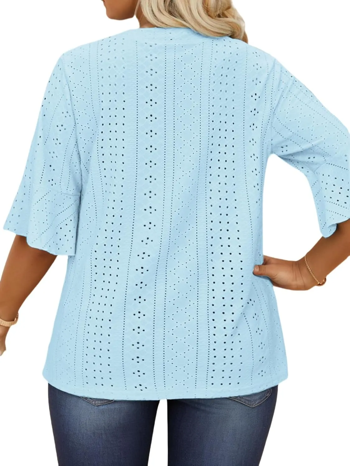 VISLILY Plus-Size-Tops-for-Women Dressy V Neck 3/4 Length Ruffle Sleeve T Shirts Trendy Eyelet Blouses Casual Loose Fit Tunic