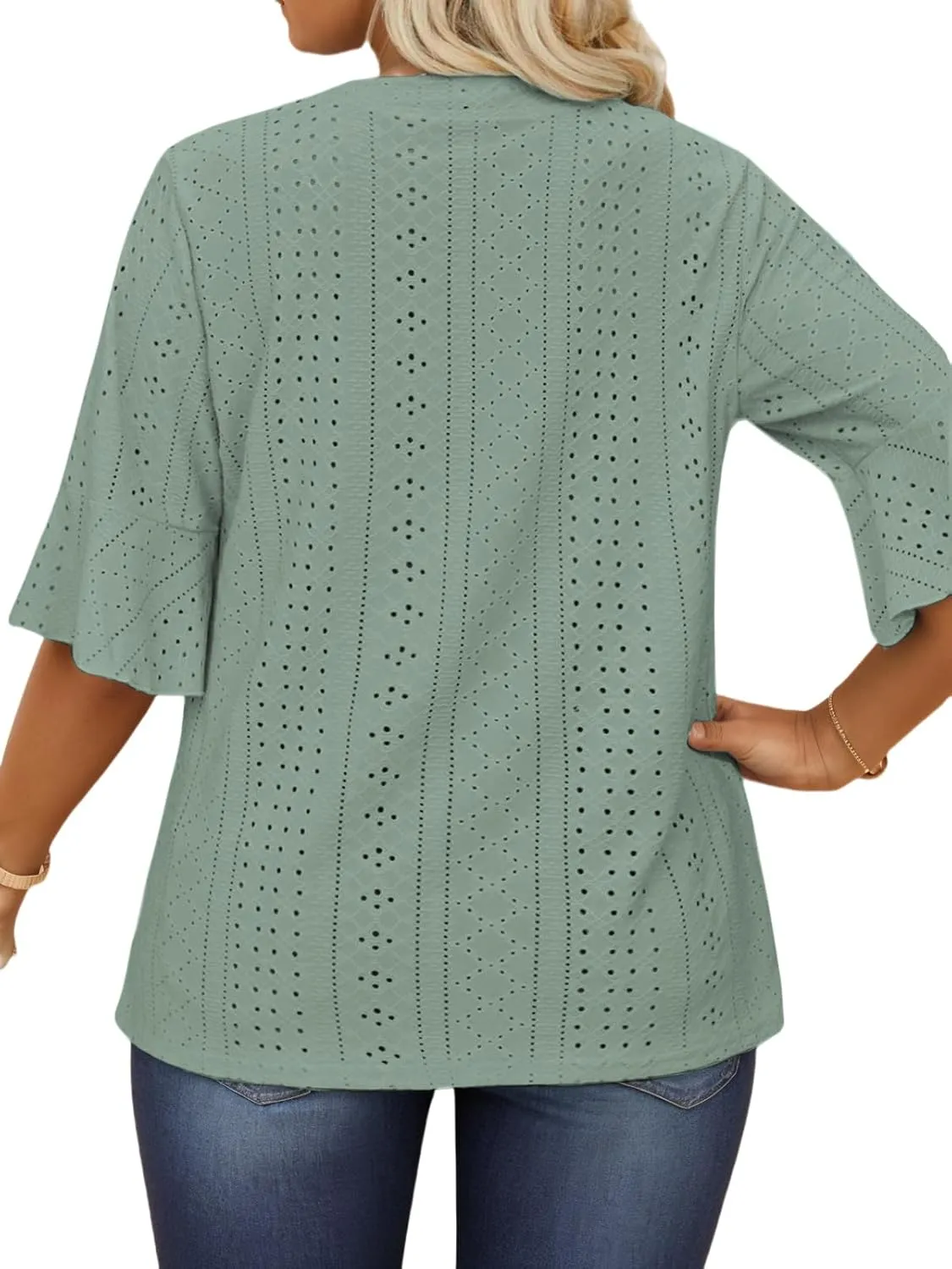 VISLILY Plus-Size-Tops-for-Women Dressy V Neck 3/4 Length Ruffle Sleeve T Shirts Trendy Eyelet Blouses Casual Loose Fit Tunic