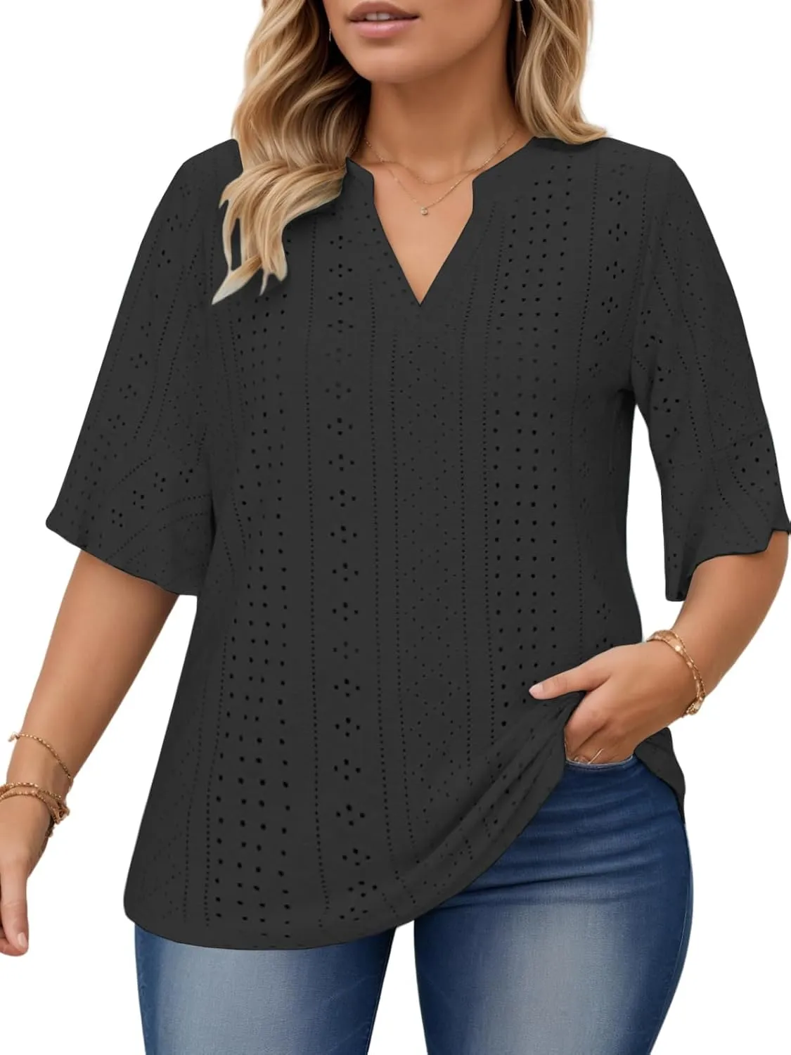 VISLILY Plus-Size-Tops-for-Women Dressy V Neck 3/4 Length Ruffle Sleeve T Shirts Trendy Eyelet Blouses Casual Loose Fit Tunic