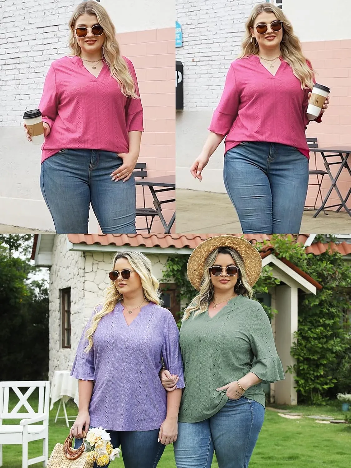 VISLILY Plus-Size-Tops-for-Women Dressy V Neck 3/4 Length Ruffle Sleeve T Shirts Trendy Eyelet Blouses Casual Loose Fit Tunic