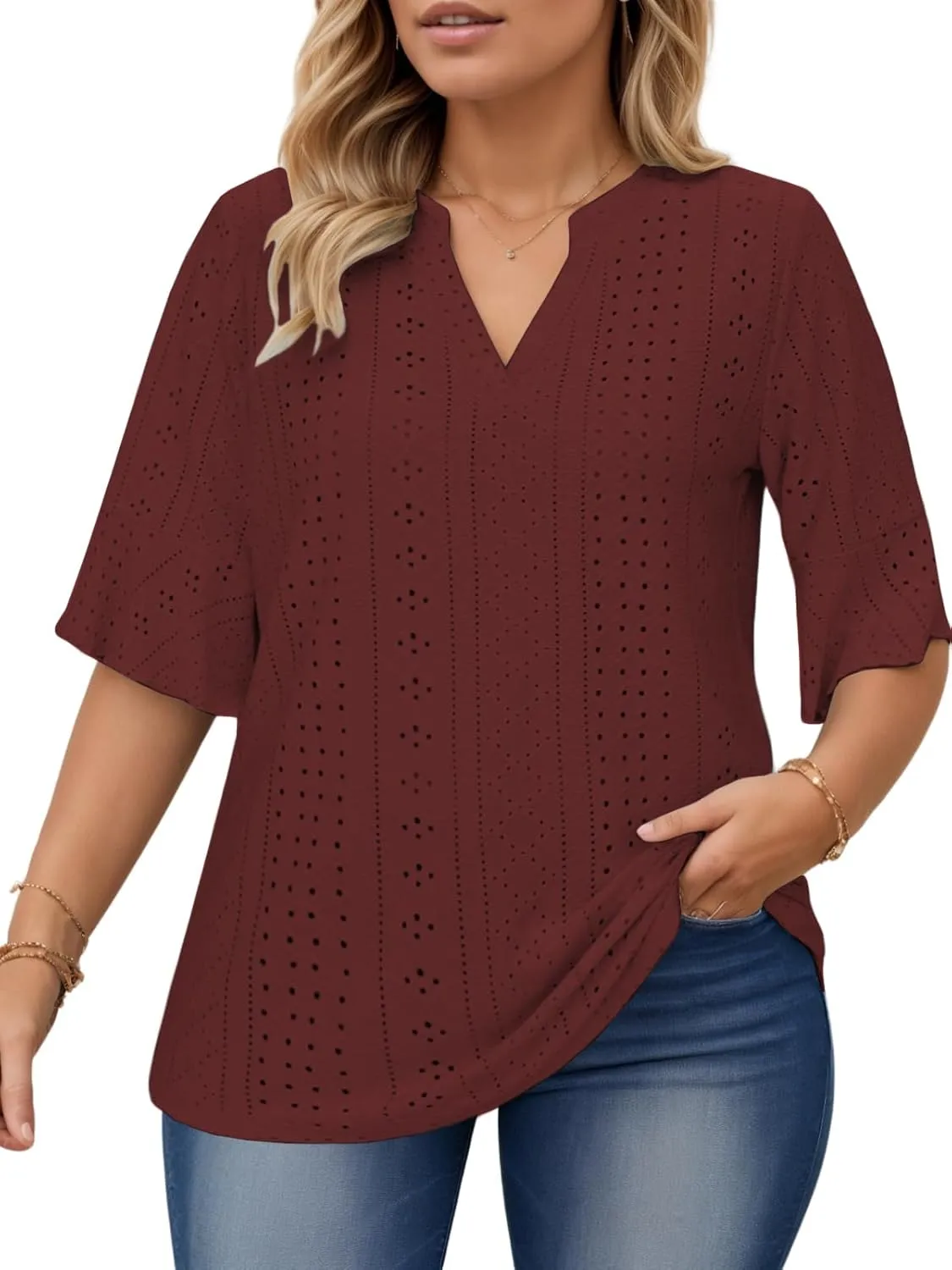 VISLILY Plus-Size-Tops-for-Women Dressy V Neck 3/4 Length Ruffle Sleeve T Shirts Trendy Eyelet Blouses Casual Loose Fit Tunic