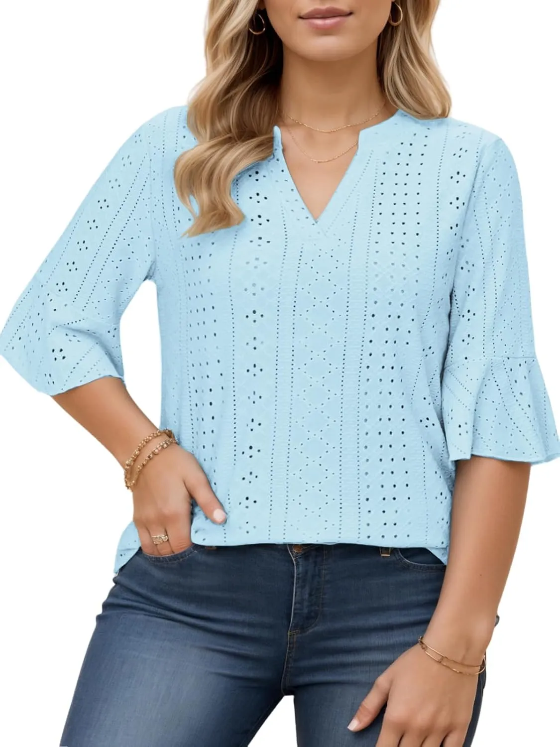 VISLILY Plus-Size-Tops-for-Women Dressy V Neck 3/4 Length Ruffle Sleeve T Shirts Trendy Eyelet Blouses Casual Loose Fit Tunic