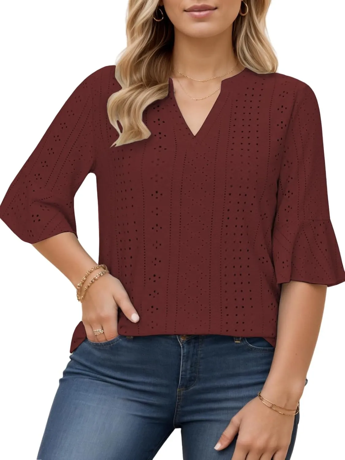 VISLILY Plus-Size-Tops-for-Women Dressy V Neck 3/4 Length Ruffle Sleeve T Shirts Trendy Eyelet Blouses Casual Loose Fit Tunic