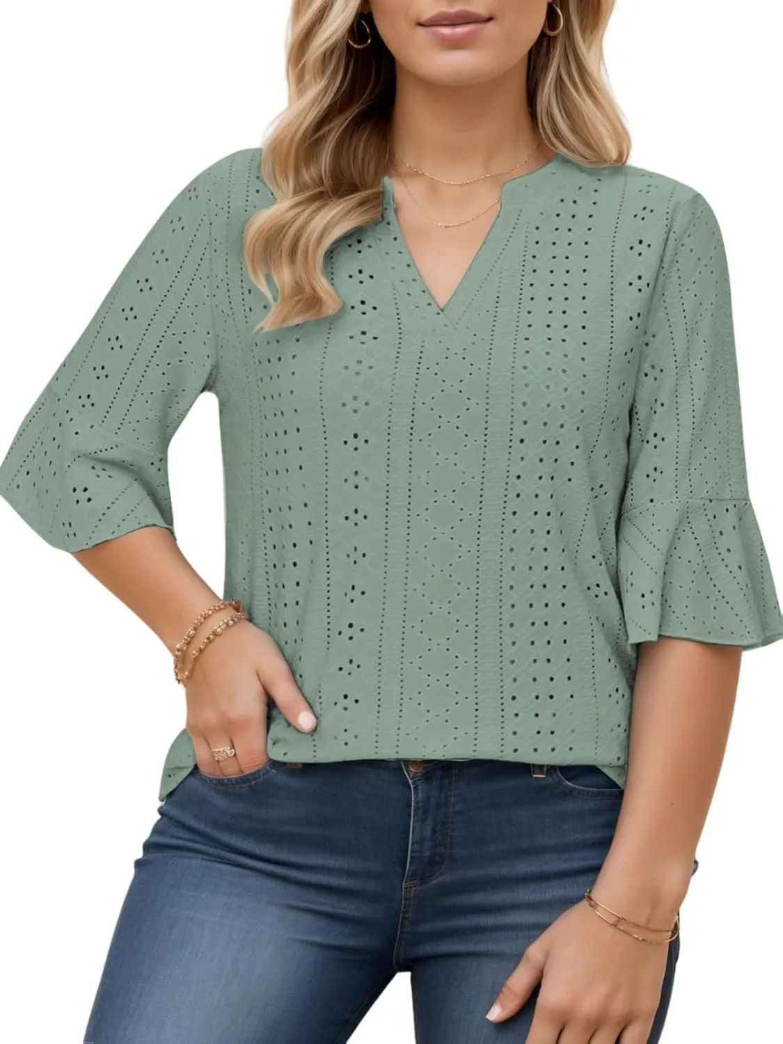 VISLILY Plus-Size-Tops-for-Women Dressy V Neck 3/4 Length Ruffle Sleeve T Shirts Trendy Eyelet Blouses Casual Loose Fit Tunic