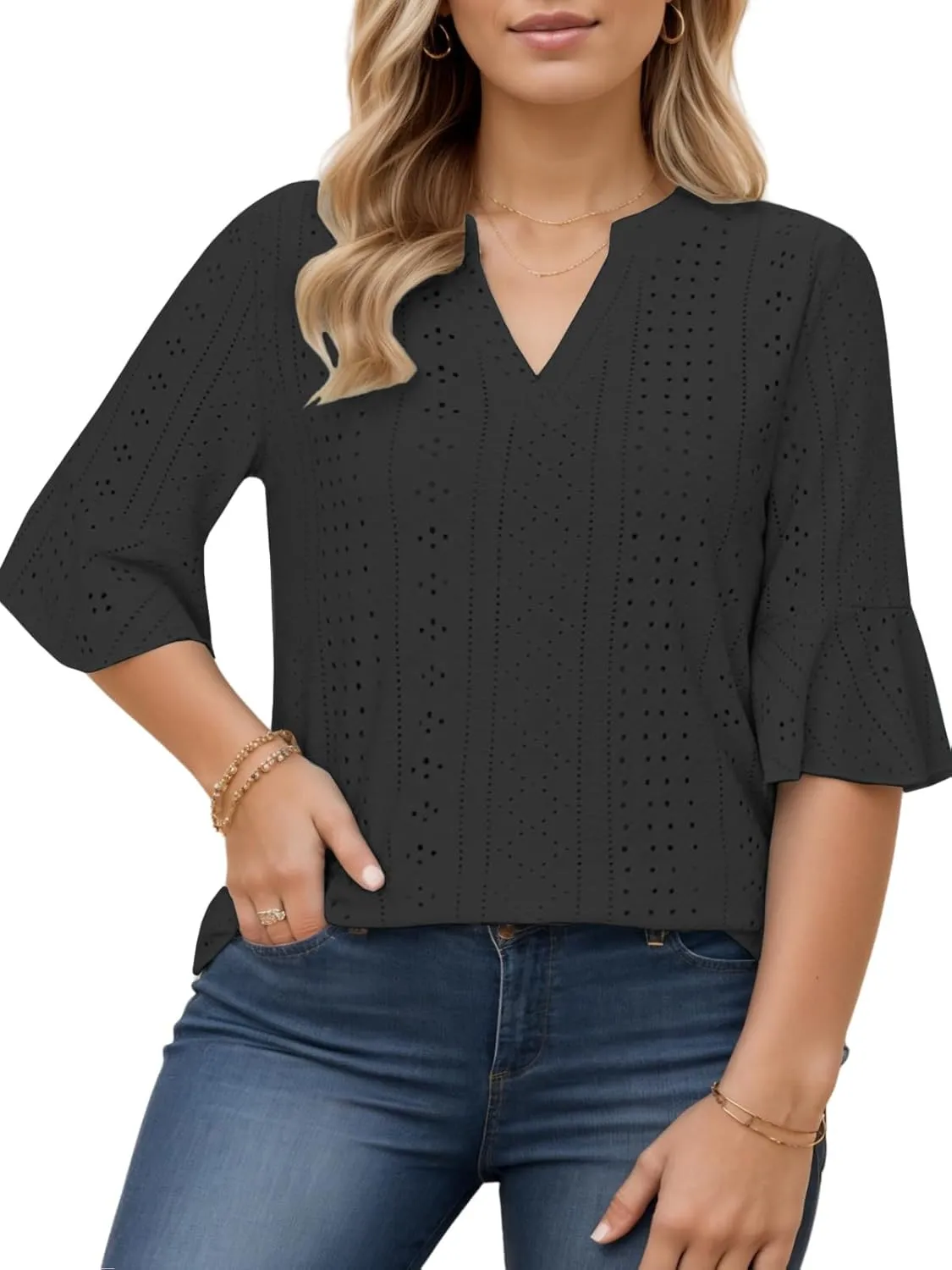 VISLILY Plus-Size-Tops-for-Women Dressy V Neck 3/4 Length Ruffle Sleeve T Shirts Trendy Eyelet Blouses Casual Loose Fit Tunic