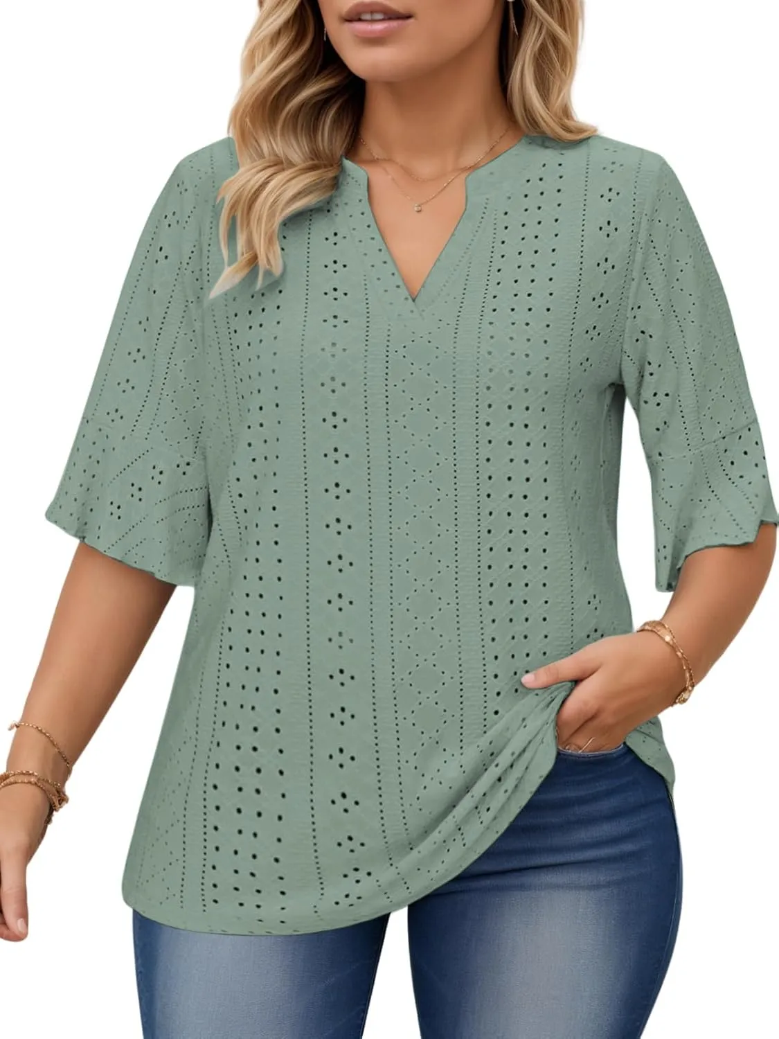 VISLILY Plus-Size-Tops-for-Women Dressy V Neck 3/4 Length Ruffle Sleeve T Shirts Trendy Eyelet Blouses Casual Loose Fit Tunic