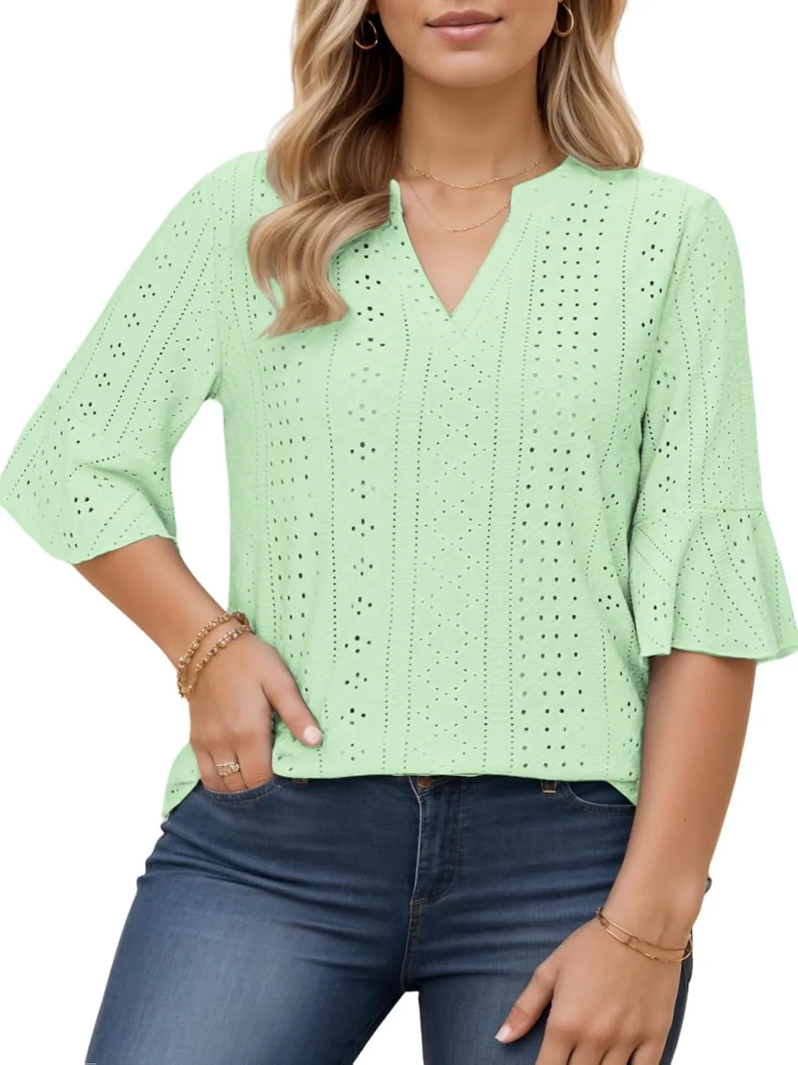 VISLILY Plus-Size-Tops-for-Women Dressy V Neck 3/4 Length Ruffle Sleeve T Shirts Trendy Eyelet Blouses Casual Loose Fit Tunic