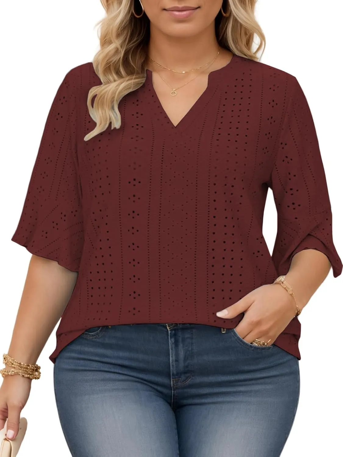 VISLILY Plus-Size-Tops-for-Women Dressy V Neck 3/4 Length Ruffle Sleeve T Shirts Trendy Eyelet Blouses Casual Loose Fit Tunic