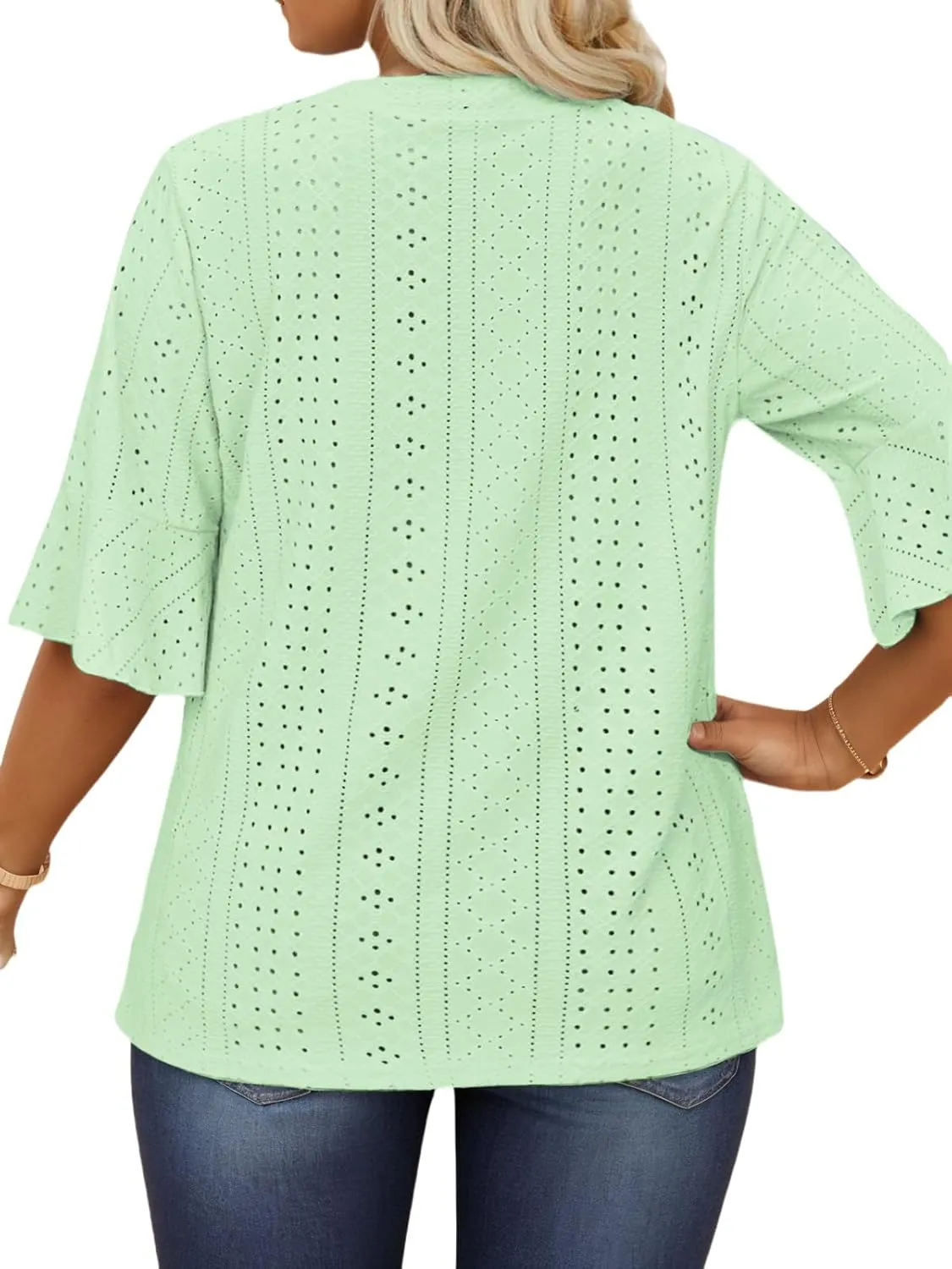 VISLILY Plus-Size-Tops-for-Women Dressy V Neck 3/4 Length Ruffle Sleeve T Shirts Trendy Eyelet Blouses Casual Loose Fit Tunic