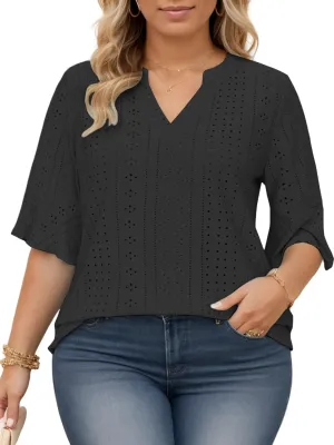 VISLILY Plus-Size-Tops-for-Women Dressy V Neck 3/4 Length Ruffle Sleeve T Shirts Trendy Eyelet Blouses Casual Loose Fit Tunic