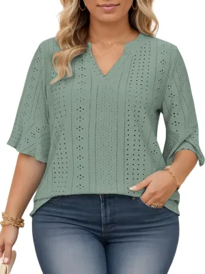VISLILY Plus-Size-Tops-for-Women Dressy V Neck 3/4 Length Ruffle Sleeve T Shirts Trendy Eyelet Blouses Casual Loose Fit Tunic