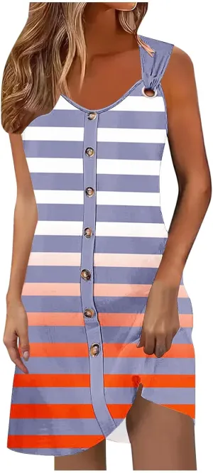Women Tank Dresses Fashion Gradient Striped Print Sleeveless Button up A-Line Midi Dress Boho Style Beach Sundress