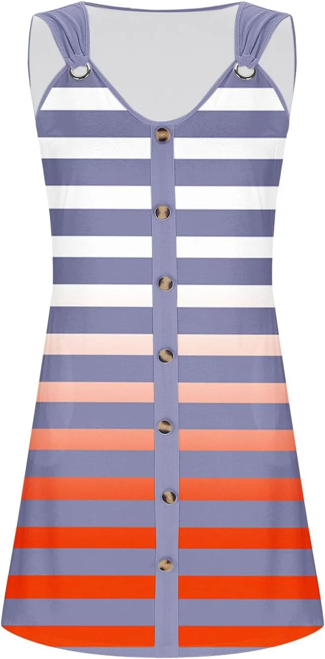 Women Tank Dresses Fashion Gradient Striped Print Sleeveless Button up A-Line Midi Dress Boho Style Beach Sundress