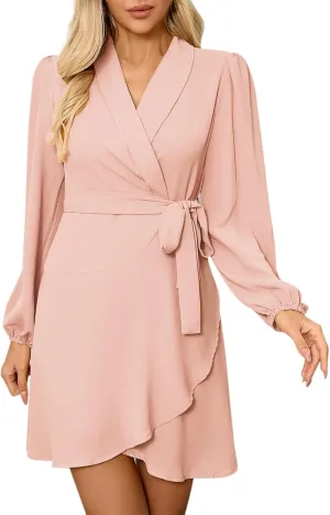 Women's Dress Deep V-Neck Waist Tie Ruffle Mini Swing Skater Dresses Elegant Long Sleeve Flowy Boho Dress