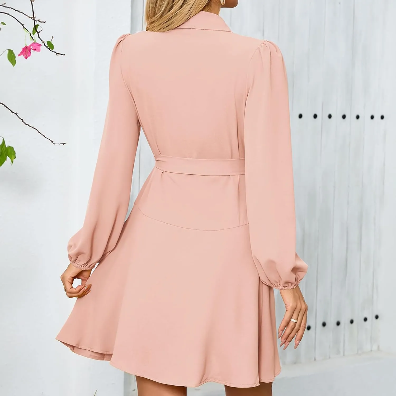 Women's Dress Deep V-Neck Waist Tie Ruffle Mini Swing Skater Dresses Elegant Long Sleeve Flowy Boho Dress