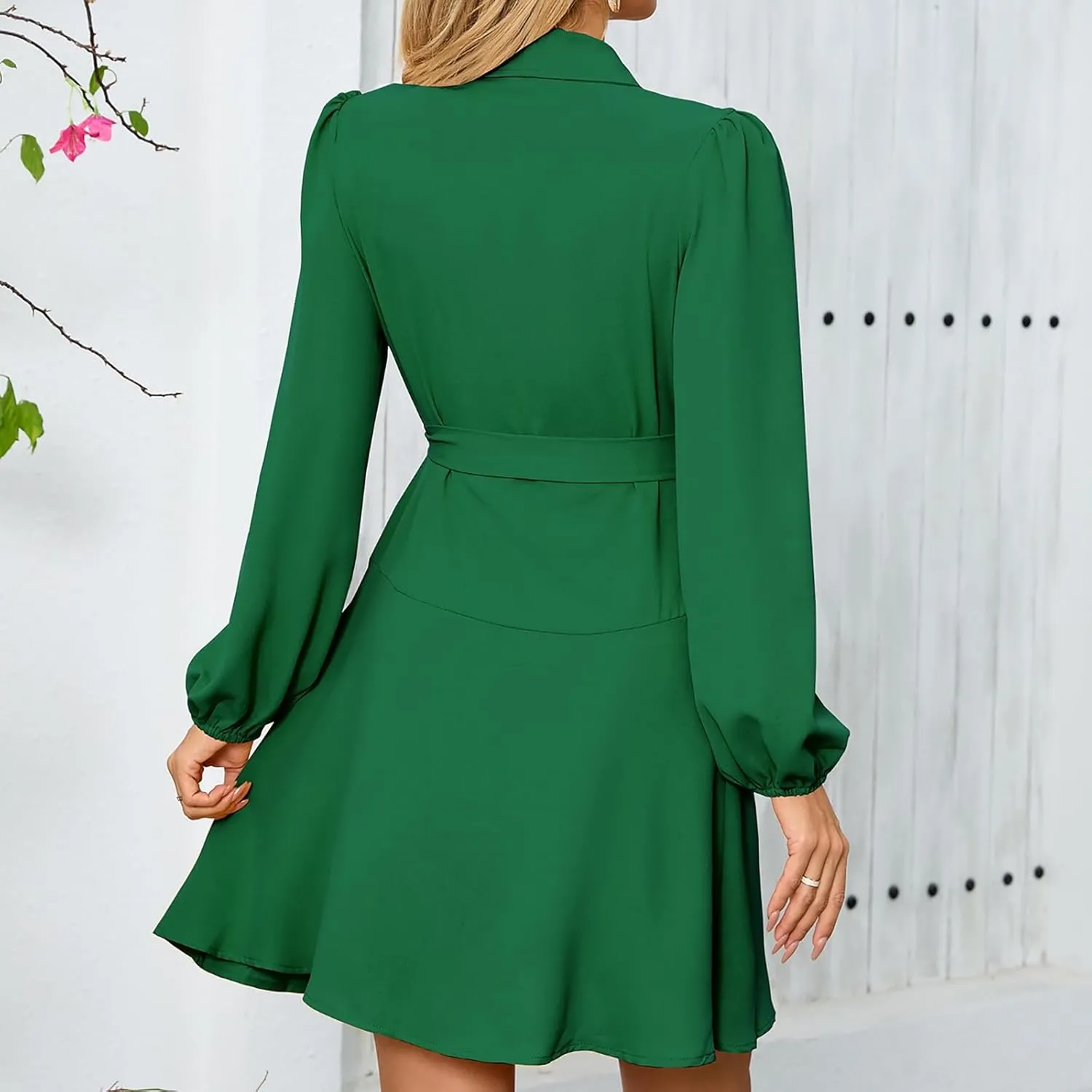Women's Dress Deep V-Neck Waist Tie Ruffle Mini Swing Skater Dresses Elegant Long Sleeve Flowy Boho Dress