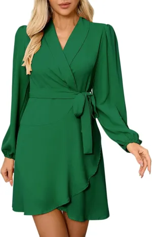 Women's Dress Deep V-Neck Waist Tie Ruffle Mini Swing Skater Dresses Elegant Long Sleeve Flowy Boho Dress