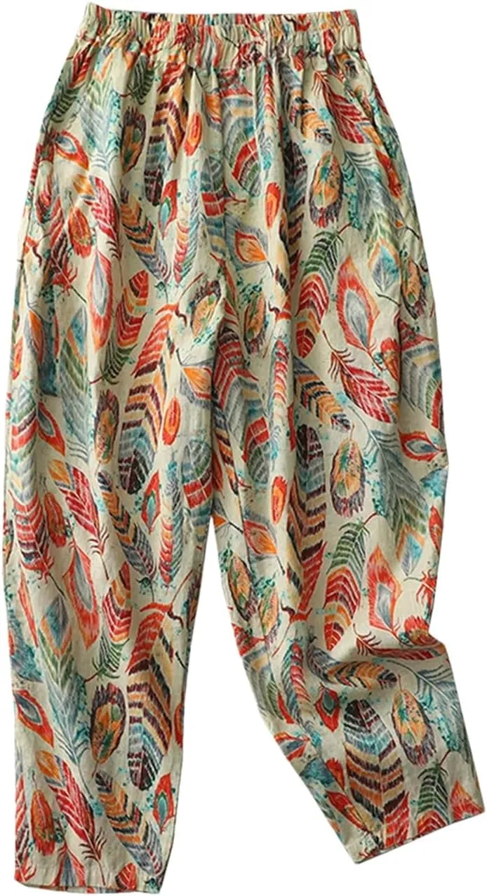 Women's Floral Wide Leg Pants Loose High Waist Pocket Harem Pants Casual Sports Pants