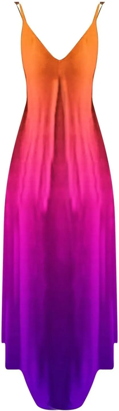 Women's Summer Casual Sleeveless Beach Dress V Neck Tie Dye Boho Long Dress Spaghetti Strap Flowy Maxi Sun Dresses