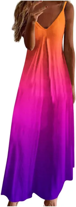 Women's Summer Casual Sleeveless Beach Dress V Neck Tie Dye Boho Long Dress Spaghetti Strap Flowy Maxi Sun Dresses