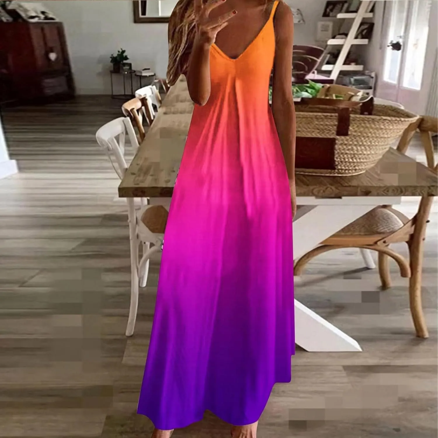 Women's Summer Casual Sleeveless Beach Dress V Neck Tie Dye Boho Long Dress Spaghetti Strap Flowy Maxi Sun Dresses