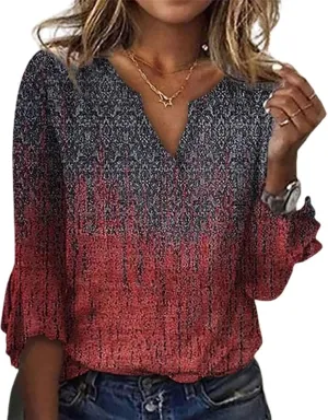 Womens Tops 3/4 Sleeve T Shirt Boho Floral Blouses Dressy Long Sleeve V Neck Shirts Business Casual Tunic