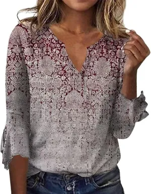 Womens Tops 3/4 Sleeve T Shirt Boho Floral Blouses Dressy Long Sleeve V Neck Shirts Business Casual Tunic