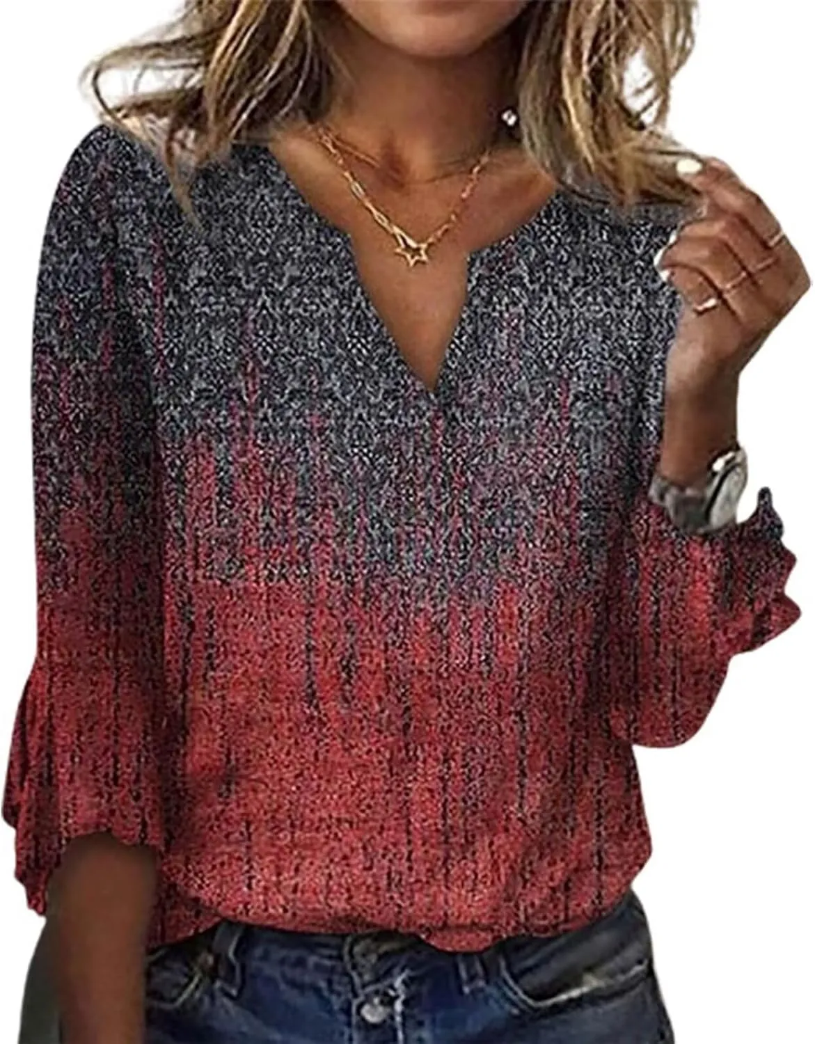 Womens Tops 3/4 Sleeve T Shirt Boho Floral Blouses Dressy Long Sleeve V Neck Shirts Business Casual Tunic