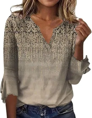 Womens Tops 3/4 Sleeve T Shirt Boho Floral Blouses Dressy Long Sleeve V Neck Shirts Business Casual Tunic